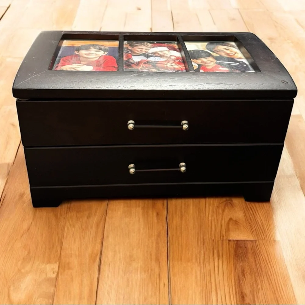 Vintage Dark Wood Jewelry Box 2-Drawer Glass Lid Trinket Organizer Picture Frame